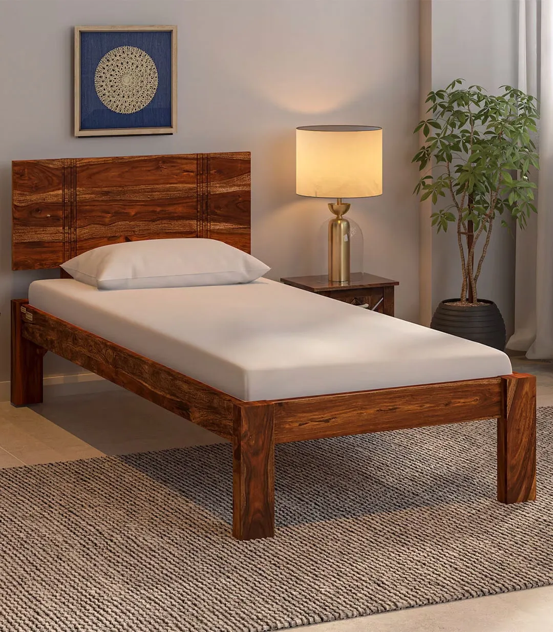 Bayvaria Sheesham Wood Single Bed without Storage (Provincial Teak Finish)