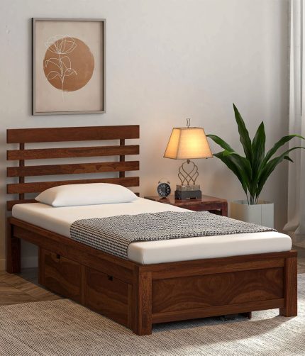 Stigen Sheesham Wood Single Bed In Provincial Teak Finish With Drawer Storage