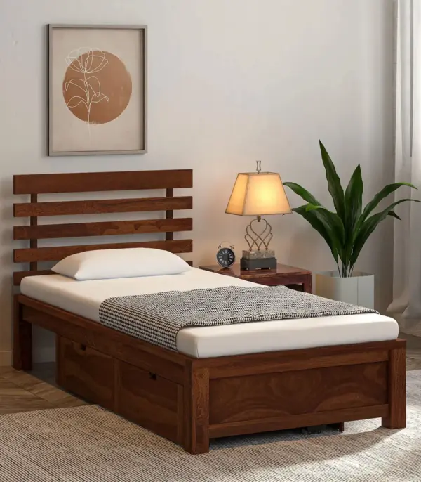 Strigen Sheesham Wood Single Bed with Drawer Storage (Provincial Teak Finish)
