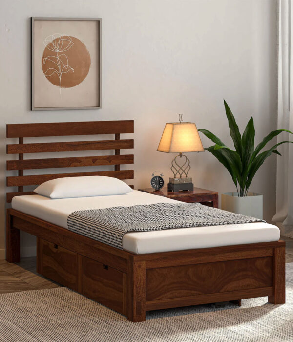 Stigen Sheesham Wood Single Bed In Provincial Teak Finish With Drawer Storage