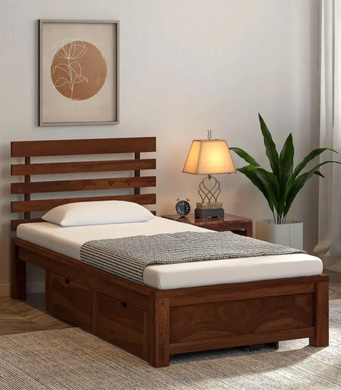 Strigen Sheesham Wood Single Bed with Drawer Storage (Provincial Teak Finish)