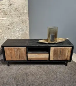 Aniyah Solid Mango Wood with Steel Stand Floor Standing TV Unit (Black Finish)