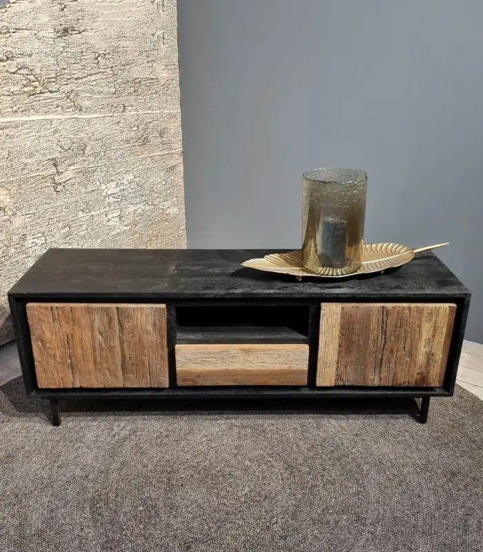 Aniyah Solid Mango Wood with Steel Stand Floor Standing TV Unit (Black Finish)