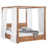 Trailish Solid Acacia Wood Queen Size Poster Bed with Box Storage (Natural Finish)