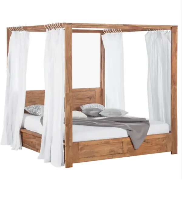 Trailish Solid Acacia Wood Queen Size Poster Bed with Box Storage (Natural Finish)