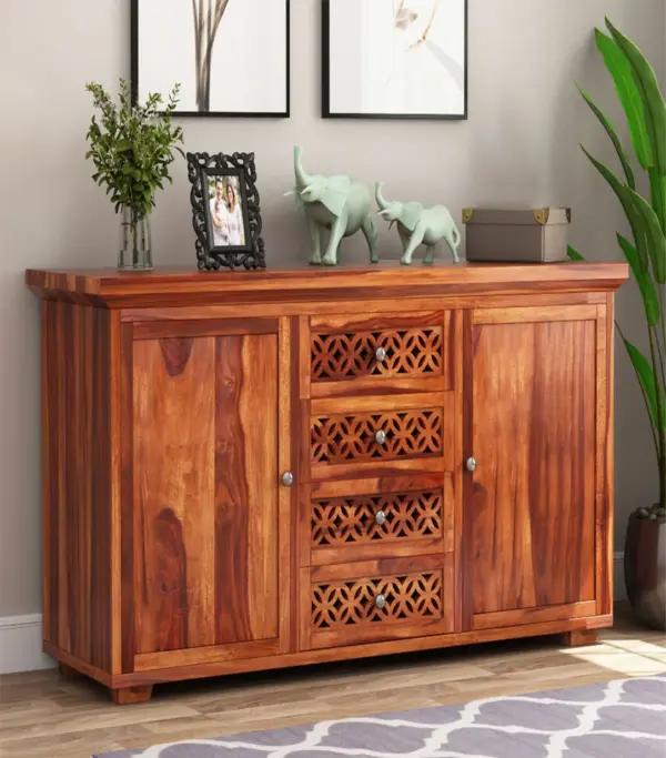Clambrey Sheesham Wood Sideboard and Cabinet (Honey Finish)