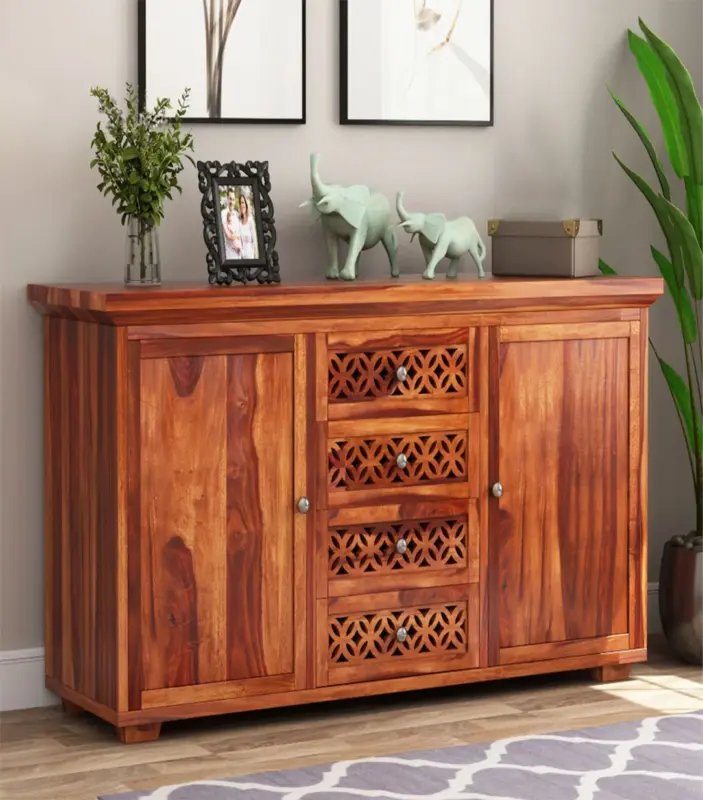 Clambrey Sheesham Wood Sideboard and Cabinet (Honey Finish)