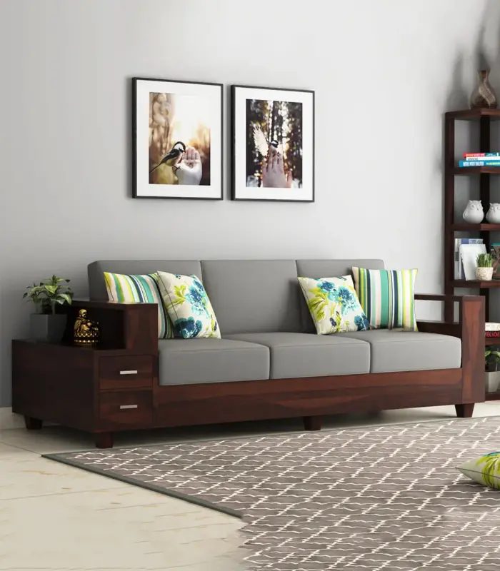 Solake Sheesham Wood 3 Seater Sofa with Side Drawer Storage (Walnut Finish)
