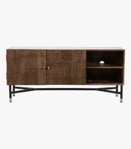 Isan Solid Mango Wood with Metal Stand Floor Standing TV Unit (Dark Brown Finish)