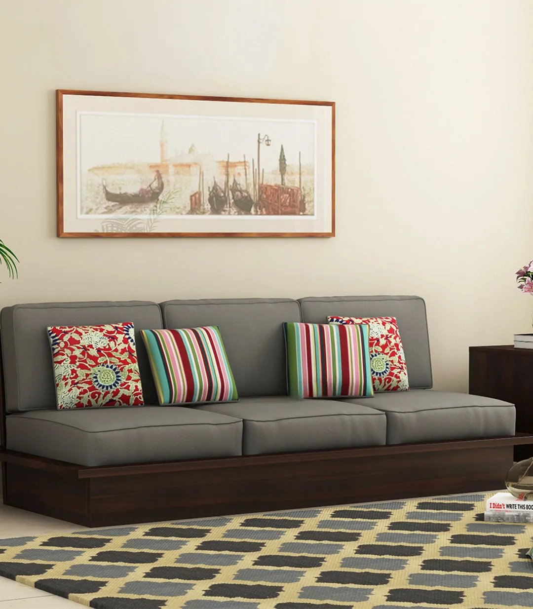Wayne Sheesham Wood Low Floor 3 Seater Sofa (Walnut Finish) - Wudzei, image size:1080x1234