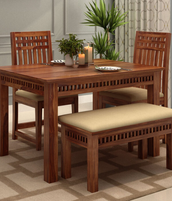 Arolph Sheesham Wood Compact 4 Seater Dining Set with Bench (Honey Finish)