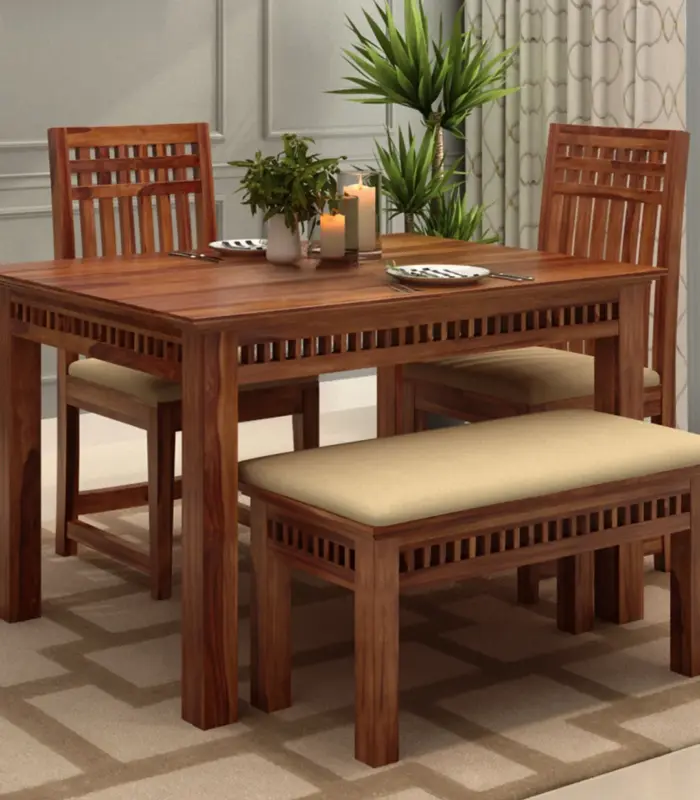 Arolph Sheesham Dining Table with Bench | Honey Finish