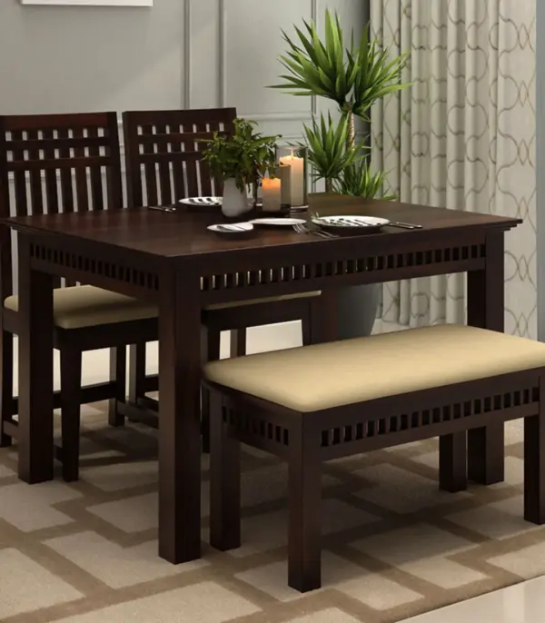 Arolph Sheesham Dining Table with Bench | Walnut Finish