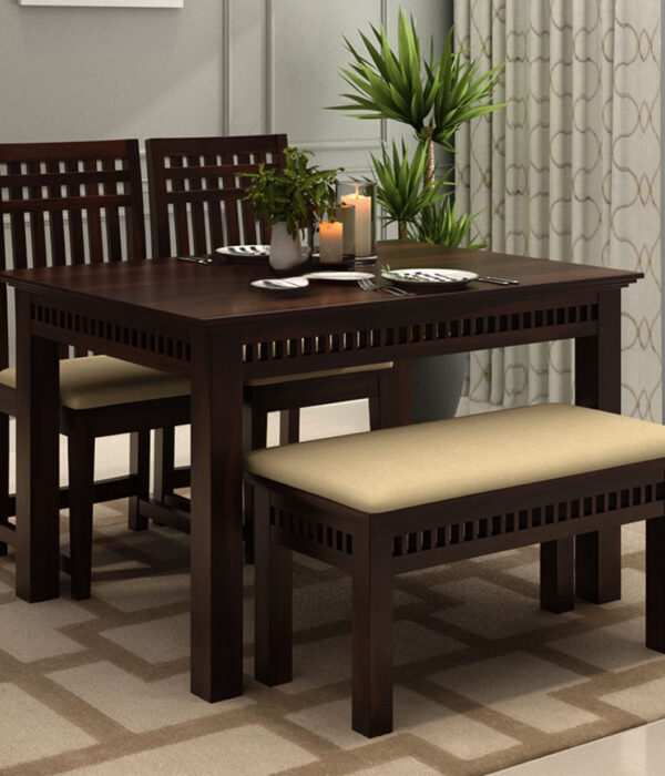 Arolph Sheesham Wood Compact 4 Seater Dining Set with Bench (Walnut Finish)