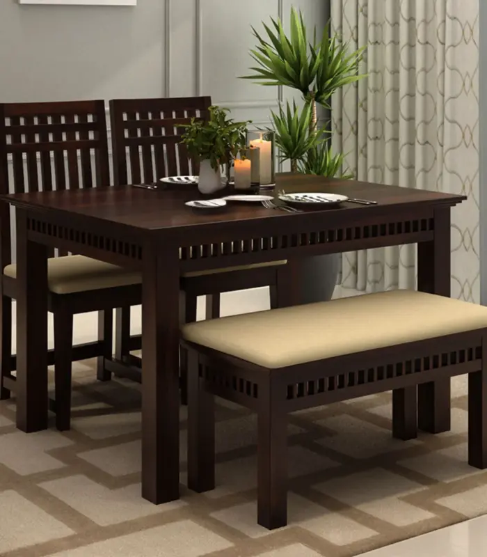 Arolph Sheesham Dining Table with Bench | Walnut Finish