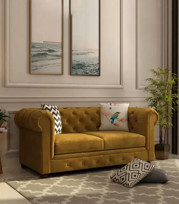 Henray Mango Wood Frame with Valvet Cushion 2 Seater Sofa (Cheshnut Brown)