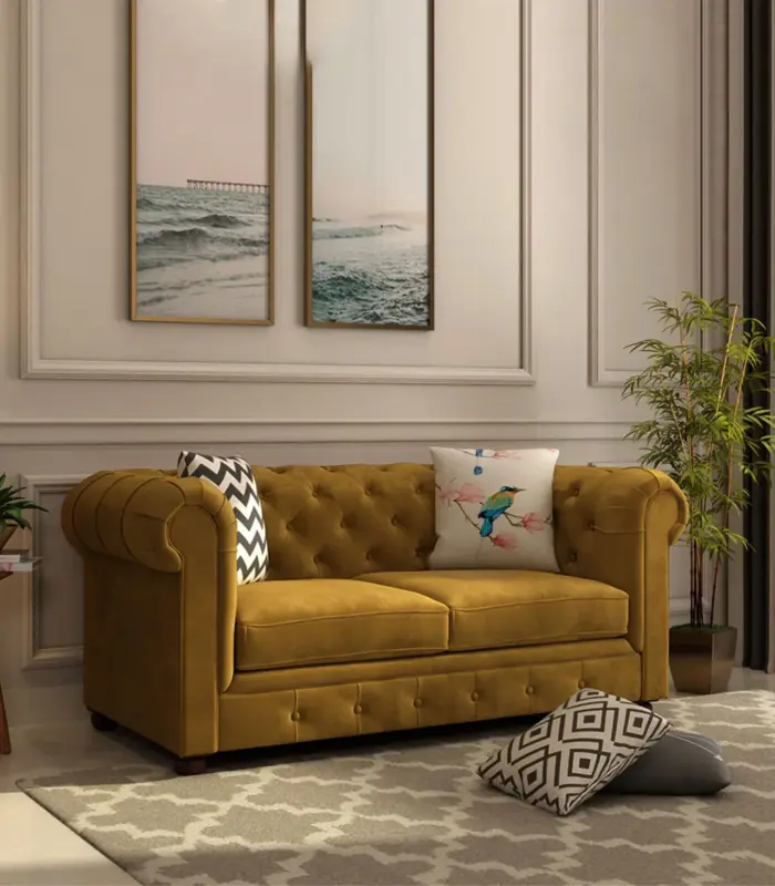Henray Mango Wood Frame with Valvet Cushion 2 Seater Sofa (Cheshnut Brown)