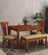 Mcboth Sheesham Wood 4 Seater Dining Table Set with Bench and Drawer Storage (Honey Finish)