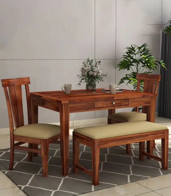 Mcboth Sheesham Wood 4 Seater Dining Table Set with Bench and Drawer Storage (Honey Finish)