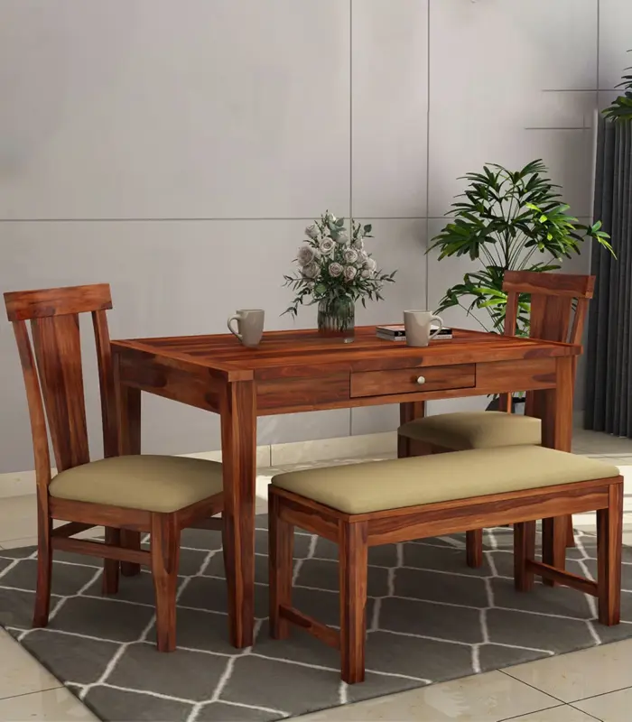 Mcboth Sheesham Wood 4 Seater Dining Table Set with Bench and Drawer Storage (Honey Finish)