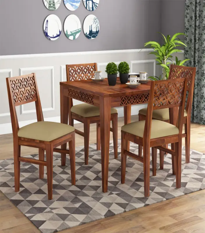 Clambrey Sheesham Wood 4 Seater Cushioned Dining Table Set (Honey Finish)