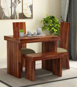Wortex Sheesham Wood Compact Size 4 Seater Dining Table Set with Bench (Honey Finish)