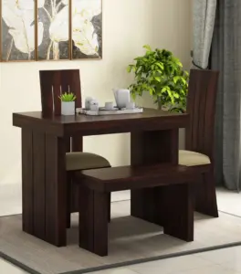 Wortex Sheesham Wood Compact Size 4 Seater Dining Table Set with Bench (Walnut Finish)