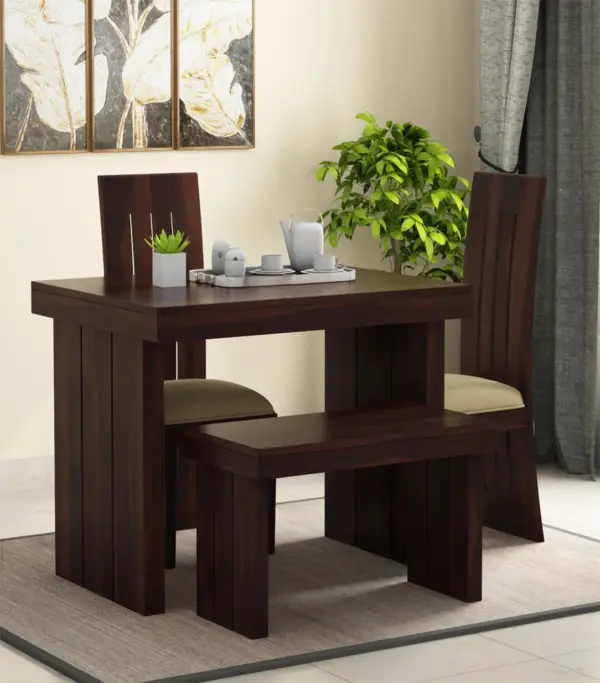 Wortex Sheesham Wood Compact Size 4 Seater Dining Table Set with Bench (Walnut Finish)
