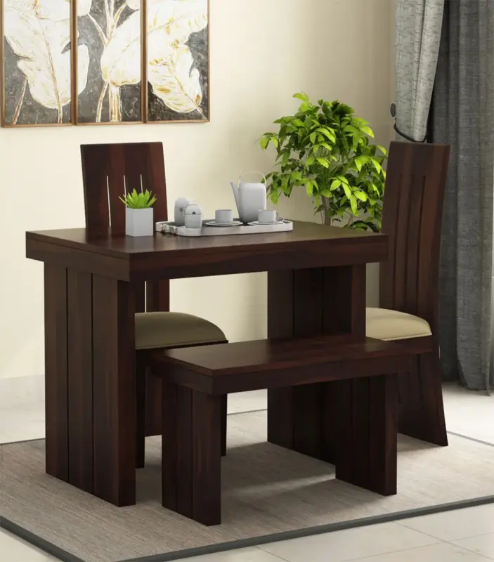 Wortex Sheesham Wood Compact Size 4 Seater Dining Table Set with Bench (Walnut Finish)