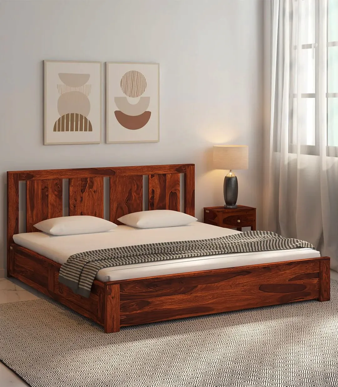Amerillo Sheesham Wood King Size Bed with Box Storage (Honey Oak Finish)