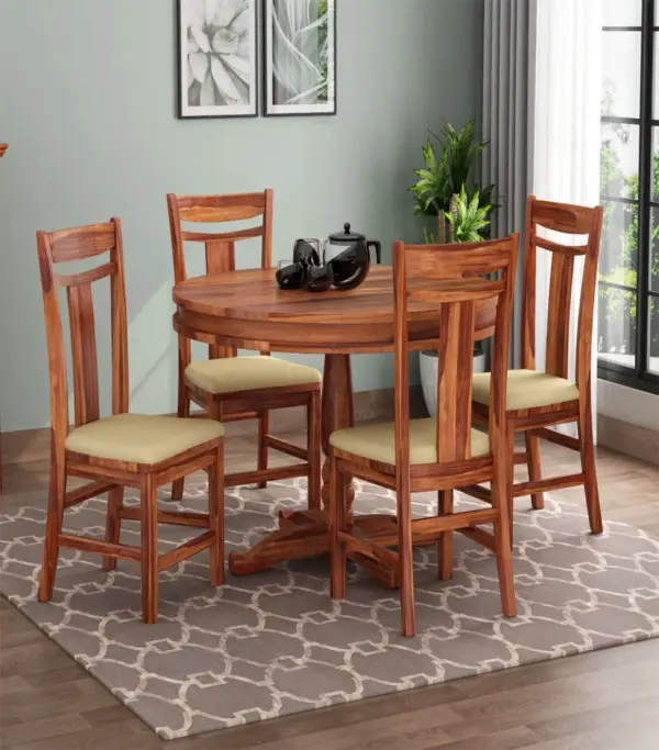 Isadona Sheesham Wood Compact Size Round 4 Seater Cushioned Dining Table Set (Honey Finish)