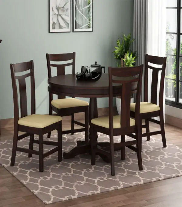 Isadona Sheesham Wood Compact Size Round 4 Seater Cushioned Dining Table Set (Walnut Finish)