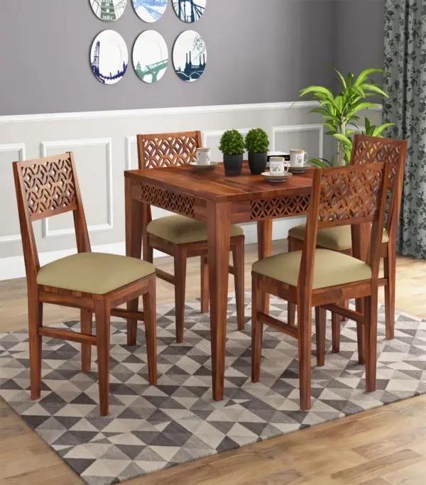 Clambrey Sheesham Wood Compact Size 4 Seater Cushioned Dining Table Set (Honey Finish)