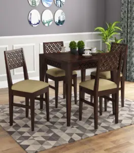 Clambrey Sheesham Wood Compact Size 4 Seater Cushioned Dining Table Set (Walnut Finish)