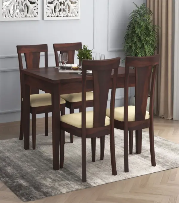 Mcboth Sheesham Wood Compact Size 4 Seater Cushioned Dining Table Set with Drawer Storage (Walnut Finish)