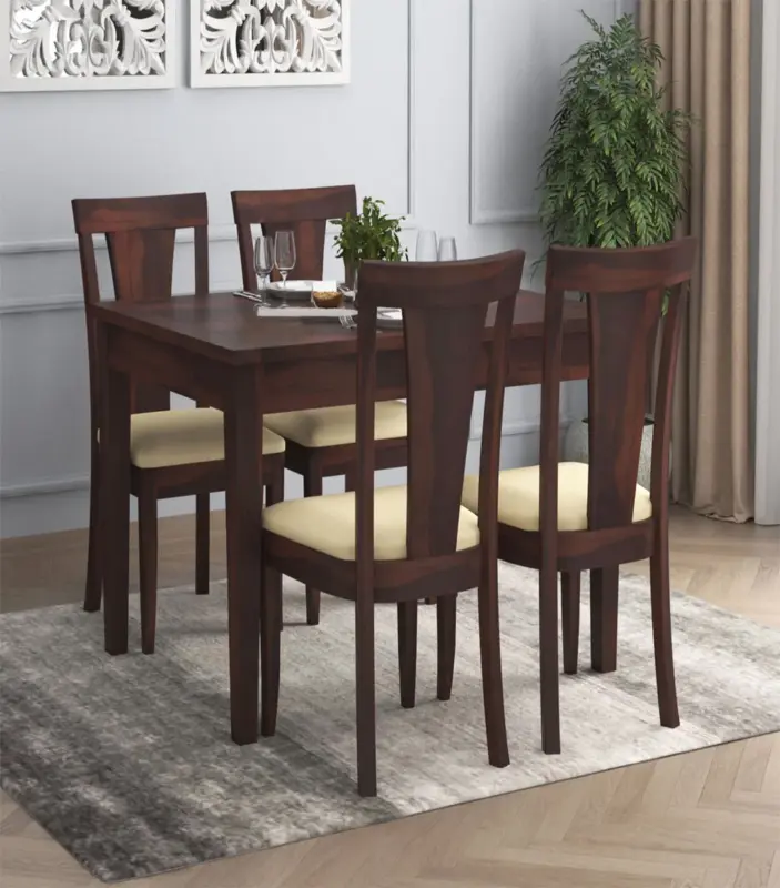 Mcboth Sheesham Wood Compact Size 4 Seater Cushioned Dining Table Set with Drawer Storage (Walnut Finish)