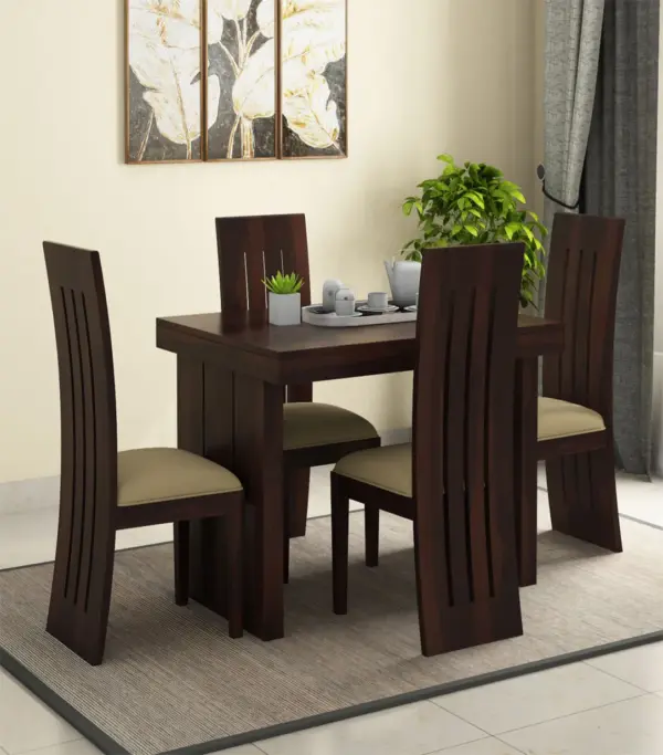 Wortex Sheesham Wood Compact Size 4 Seater Cushioned Dining Table Set (Walnut Finish)