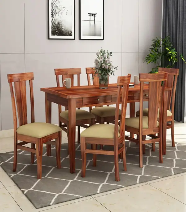 Mcboth Sheesham Wood 6 Seater Cushioned Dining Table Set with Drawer Storage (Honey Finish)