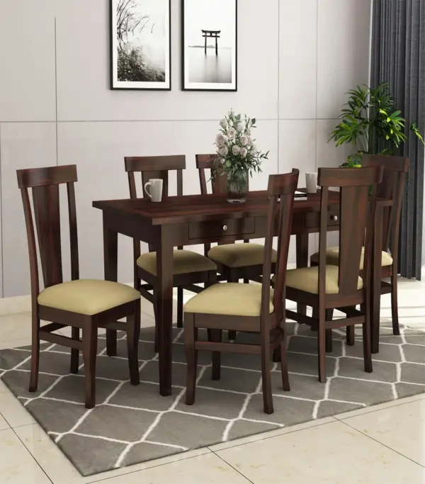 Mcboth Sheesham Wood 6 Seater Cushioned Dining Table Set with Drawer Storage (Walnut Finish)
