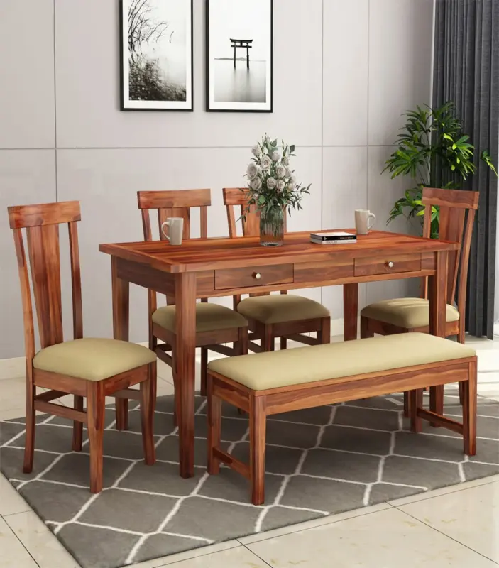 Mcboth Sheesham Wood 6 Seater Cushioned Dining Table Set with Bench and Drawer Storage (Honey Finish)