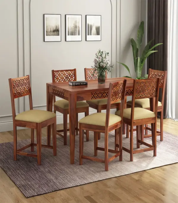 Clambrey Sheesham Wood 6 Seater Cushioned Dining Table Set (Honey Finish)