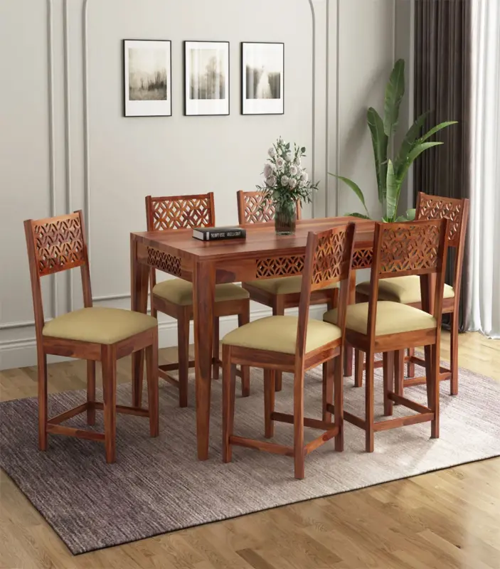 Clambrey Sheesham Wood 6 Seater Cushioned Dining Table Set (Honey Finish)