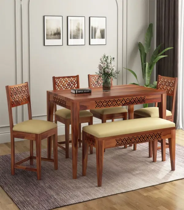 Clambrey Sheesham Wood 6 Seater Cushioned Dining Table Set with Bench (Honey Finish)