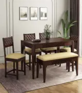 Clambrey Sheesham Wood 6 Seater Cushioned Dining Table Set with Bench (Walnut Finish)