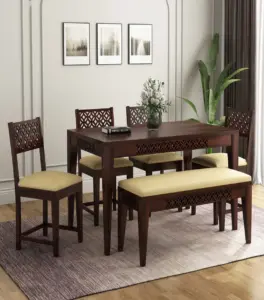 Clambrey Sheesham Wood 6 Seater Cushioned Dining Table Set with Bench (Walnut Finish)
