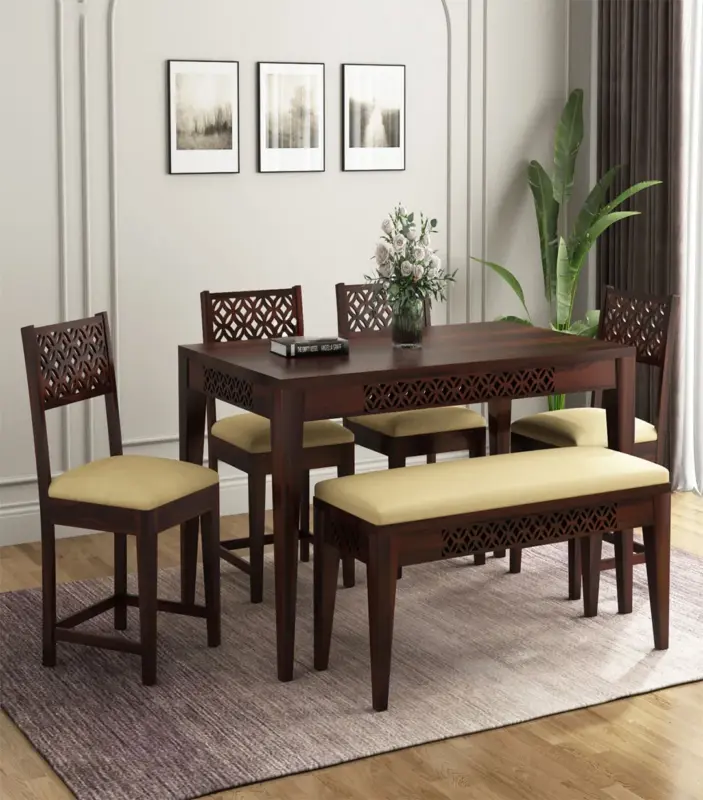 Clambrey Sheesham Wood 6 Seater Cushioned Dining Table Set with Bench (Walnut Finish)