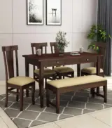 Mcboth Sheesham Wood 6 Seater Cushioned Dining Table Set with Bench and Drawer Storage (Walnut Finish)