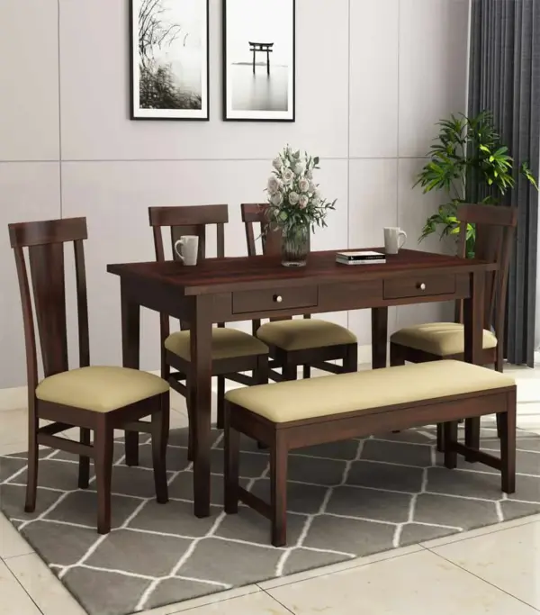Mcboth Sheesham Wood 6 Seater Cushioned Dining Table Set with Bench and Drawer Storage (Walnut Finish)