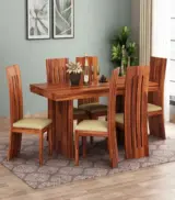 Wortex Sheesham Wood Compact Size 6 Seater Cushioned Dining Table Set (Honey Finish)