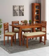 Adwin Sheesham Wood 6 Seater with Bench Dining Table Set with Extendable Table Top (Honey Finish)
